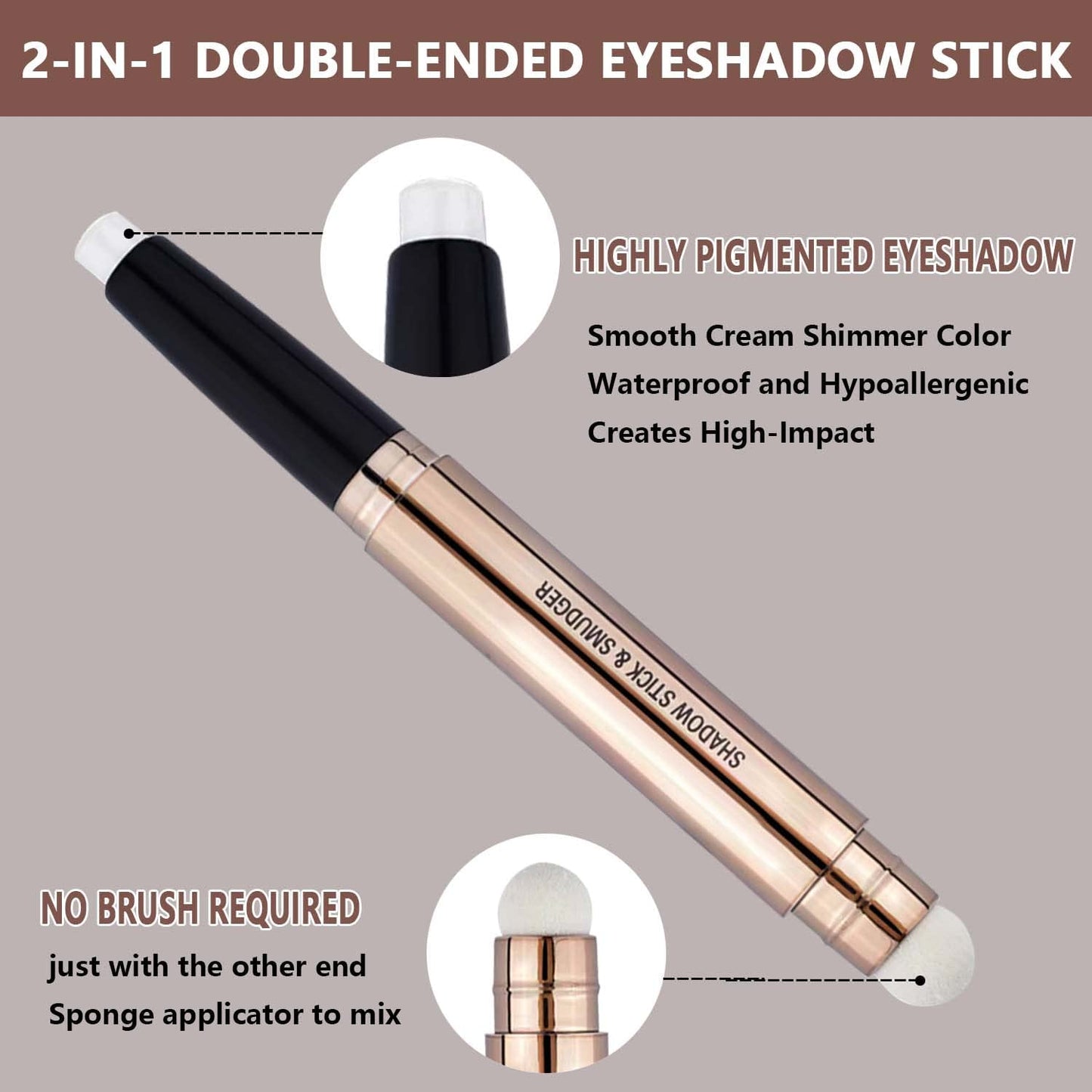 2 in 1 eyeshadow stick and Sponge Makeup Brush, Smooth Cream Shimmer Shadow Pencil Long Lasting Waterproof Eye Shadow Highlighter Stick Makeup, Hypoallergenic Multi-Dimensional eyes Look
