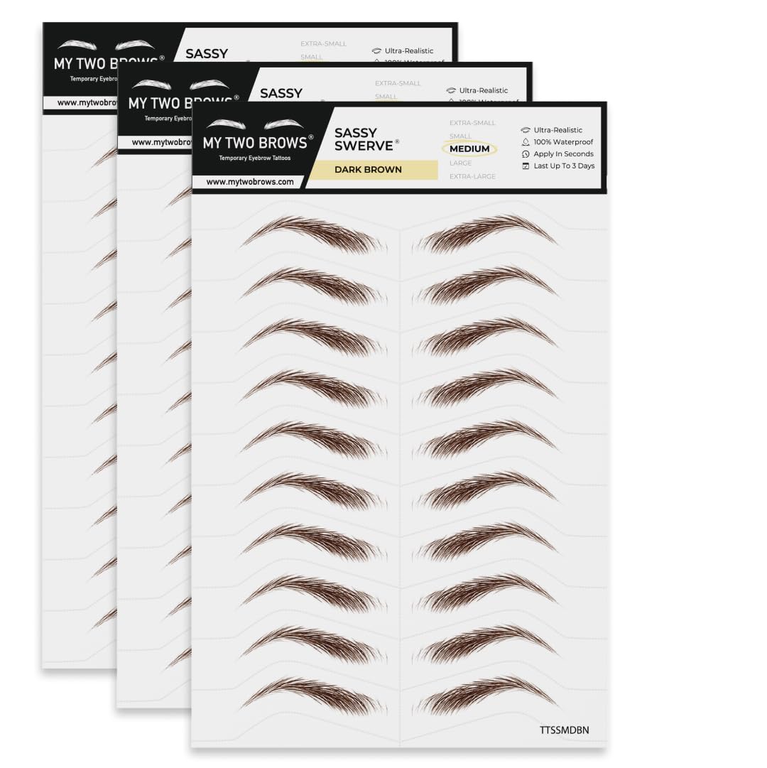 30 Pairs Dark Brown Temporary Eyebrow Tattoos, Waterproof and Smudge-Proof Medium Sassy Swerve Style Realistic Eyebrow Stickers for Women, Easy to Apply, Won't Work on Existing Brows