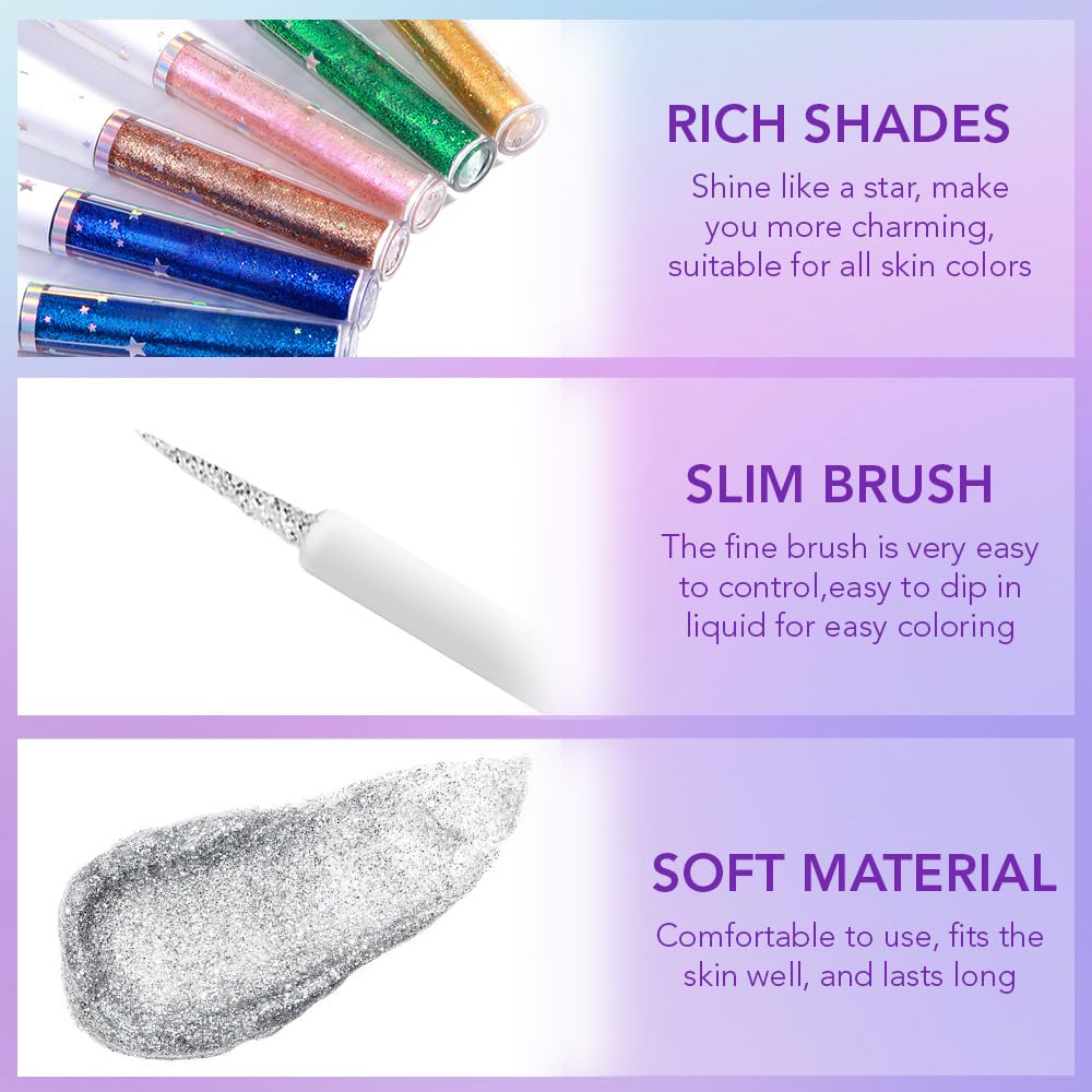 evpct 6Pcs Sparkle Glitter Liquid Eyeliner Eye Makeup Set, Metallic Liquid Eyeliner Waterproof Long-lasting, Liquid Glitter Eye liner in Multi Colors for Stunning Shimmery Eye Look, 01#