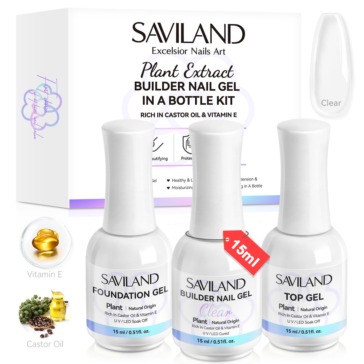 SAVILAND Clear Builder Nail Gel Kit: 3 Pcs 15ml Builder Nail Gel Base Top Gels with Castor Oil Vitamin E Apex Building for Thickening Extension Strengthening Repair Nails Art DIY Home Salon Gift Set