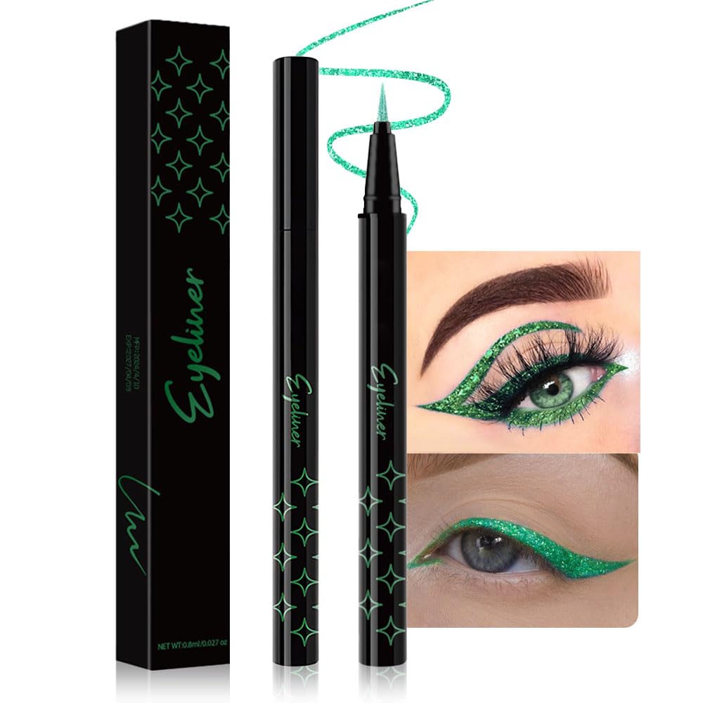 evpct 1Pcs Green Glitter Shimmer Liquid Eyeliner Eye Shadow Makeup Pencil Pen, Green Face Body Glitter False Eyelashes Lashes Freckles Accessories, Sparkle Metallic Colored Eyeliner Waterproof Smudge