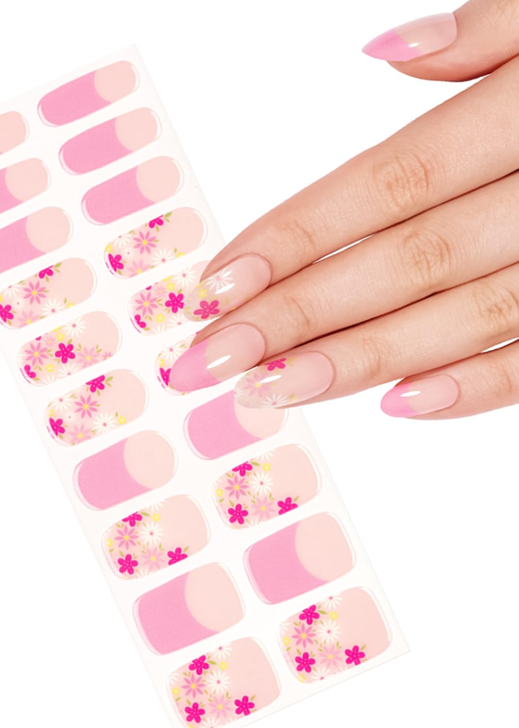 Semi Cured Gel Nail Strips, 20pcs French Flower, Pink Gel Nail Stickers UV for Home Nails DIY