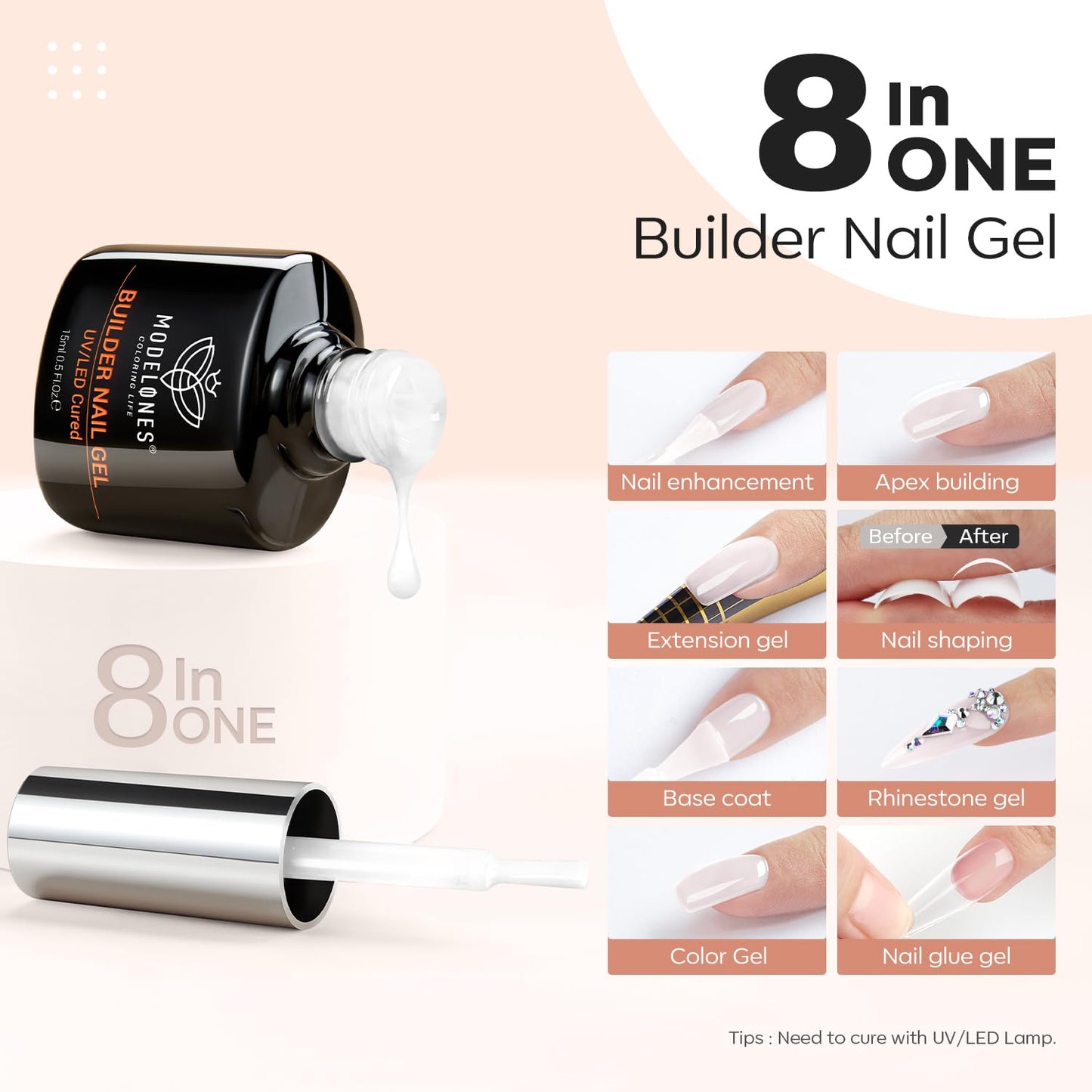 modelones Builder Nail Gel, Milky White Builder for Nail Thickening, 8-in-One LED Lamp Cured Strengthener Hard Color Base Extension Glue Gel Polish in a Bottle for Home DIY Salon Women