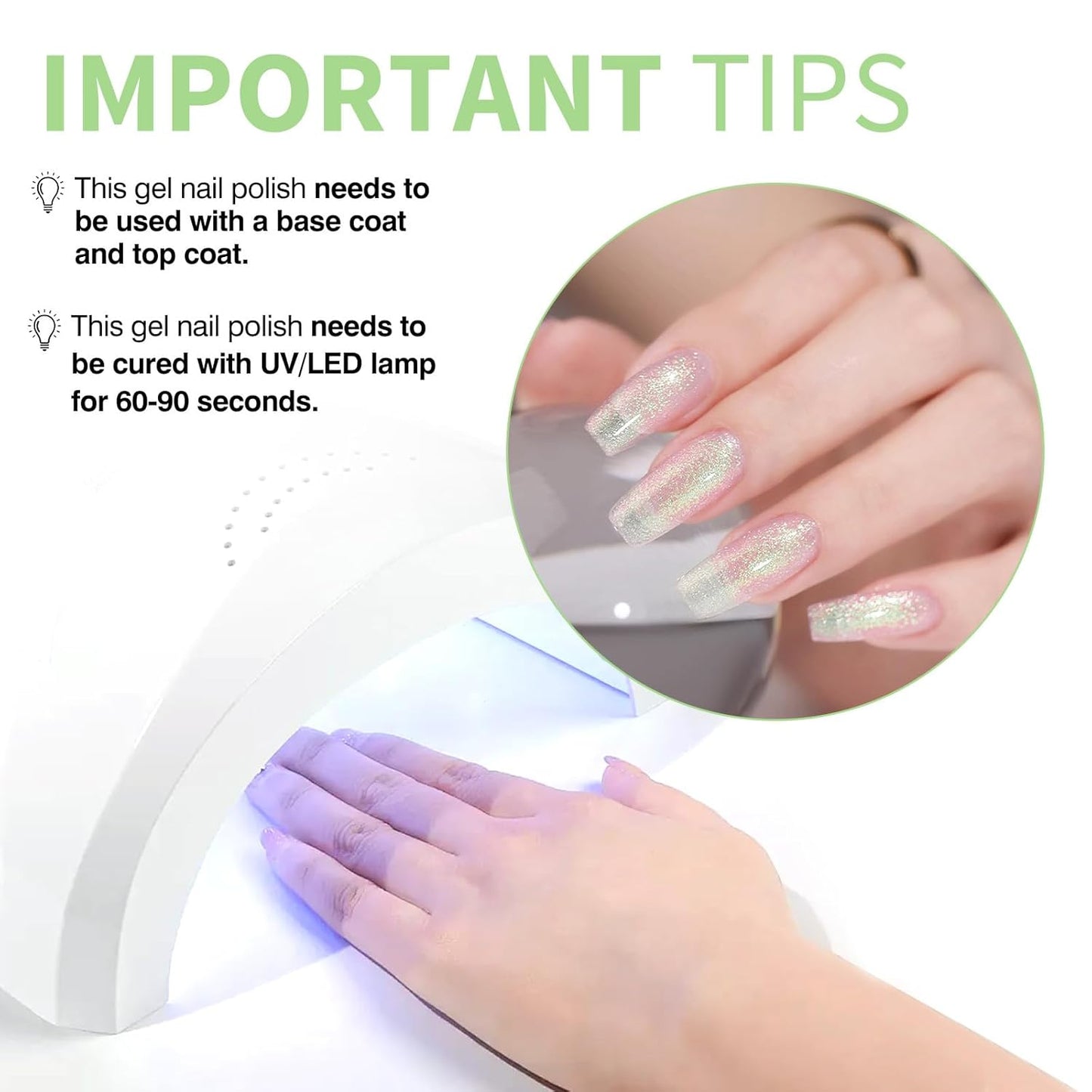 CANNI 1 Pcs Glitter Green Gel Nail Polish, Shimmer Sparkly Light Green Colors Gel Polish Soak Off Led Nail Art Gel Manicure Salon DIY