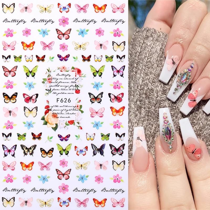 Butterfly Nail Art Stickers Decals 3D Butterfly Self Adhesive Nail Design Stickers Pink Blue Purple Butterflies Leaf Nail Decals for Women Girls DIY Butterfly Nail Stickers Decoration Supply 6 Sheets