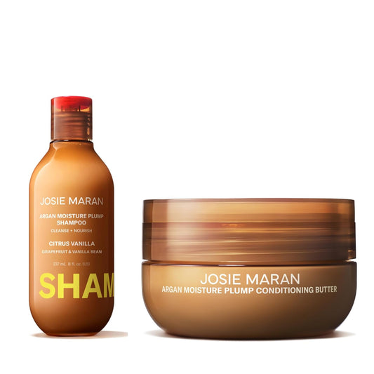 Josie Maran Love is in the Hair Kit - Includes Argan Moisture Plump Hair Shampoo & Conditioner Butter - Hydrating & Volumizing - Strengthens & Repairs Strands - Citrus Vanilla (2 Piece Set)
