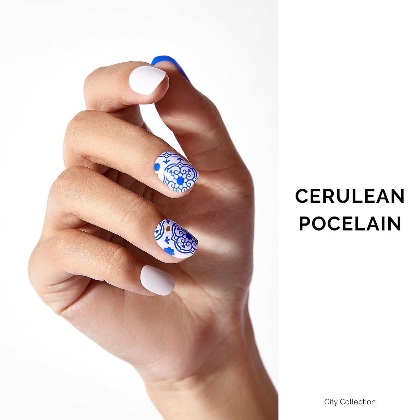 NAILOG Semi Cured Gel Strips - 34 Pcs Nail Stickers Buy 2 Get 1 UV Light | Long Lasting Wraps With Glossy Gel Finish Blue, Cerulean Porcelain