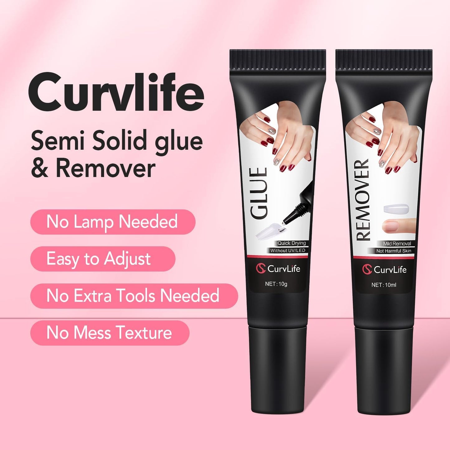 Curvlife Soft Quick Drying 10g Semi Solid Nail Glue with 10ml Remover with Cuticle Pusher Nail Art for Press On Nails Tips No Need for UV Lamp Long Lasting