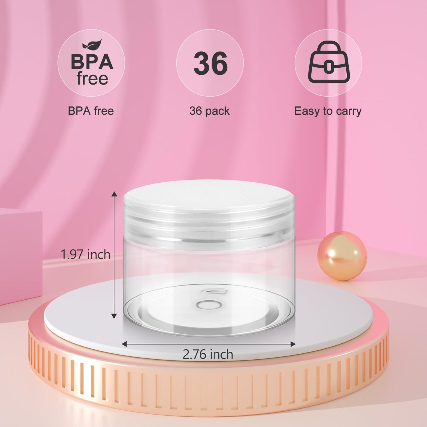 36 Pack 4 OZ Plastic Jars with Lids, BPA Free, Reusable, Refillable Transparent Cosmetic Containers for Bath Salts, Cosmetics, Powders, Beauty Product and Small Accessories - White