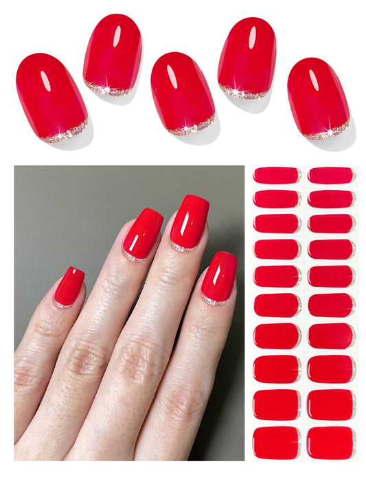 Semi Cured Gel Nail Strips, 20pcs UV Nail Wraps for Home Nails DIY (Red Glitter)