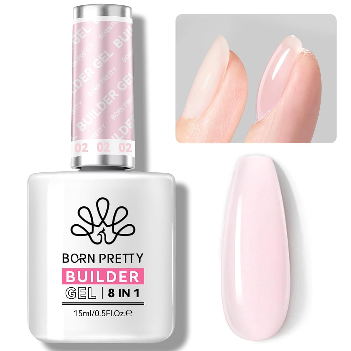BORN PRETTY Builder Gel for Nails, 8-in-1 Extension Gel Strengthener Gel Hard Builder Nail Gel Base Top Gel, Sheer Pink Gel Builder Rhinestone Nail Glue Gel in A Bottle Nails 15ML