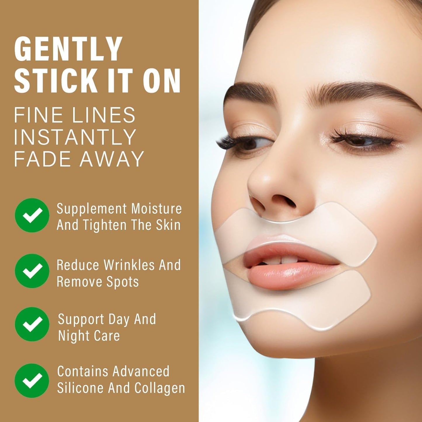 Anti Wrinkle Patches for Lip, Smooth Fine Lines & Wrinkles, Silicone Wrinkle Patches with Hydrolyzed Collagen with Aloe,Vitamin E - Overnight Lift Lines Treatment, Gold