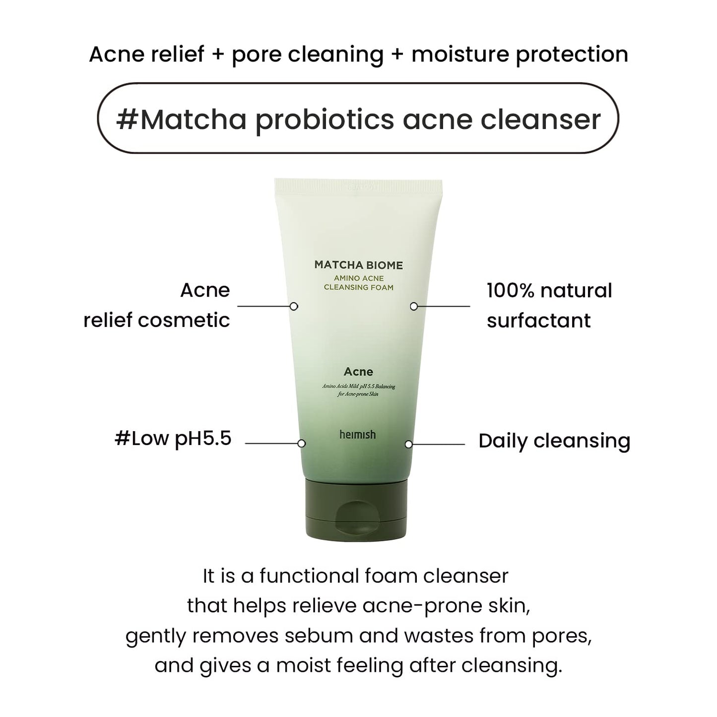 HEIMISH Matcha Biome Amino Acne Cleansing Foam - Deep Cleansing, Hydrating, Calming Facial Cleanser, Gentle Daily Face Wash with Amino Acids, Probiotics, for Oily & Acne-prone Skin, 5.3oz/150g