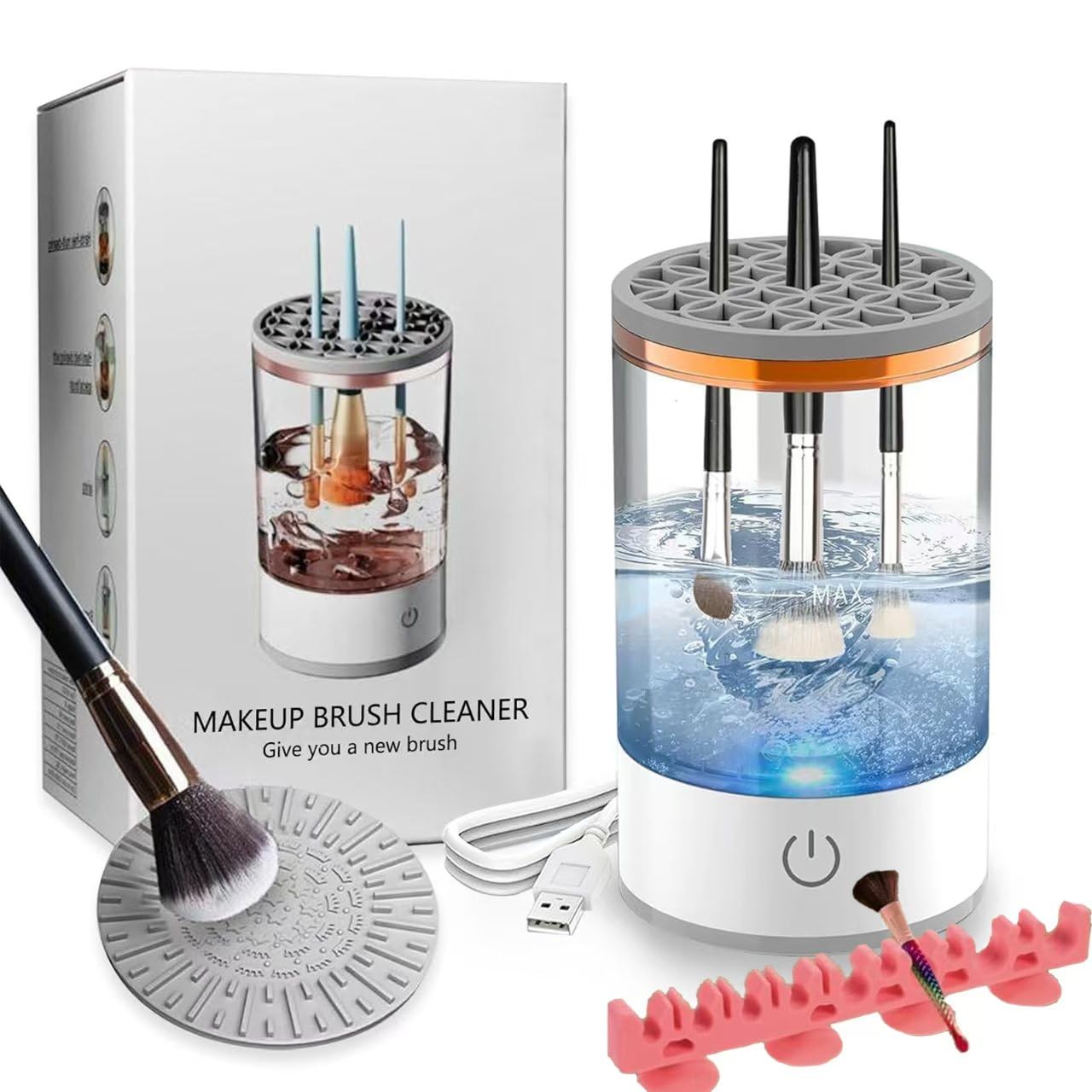 Makeup Brush Cleaner Machine, Portable Electric Makeup Brush Cleaner, Efficient Deep Cleaning Makeup Brushes, Automatic Spinning Make Up Brush Cleaner Fit for All Size Cosmetic Brush (White)