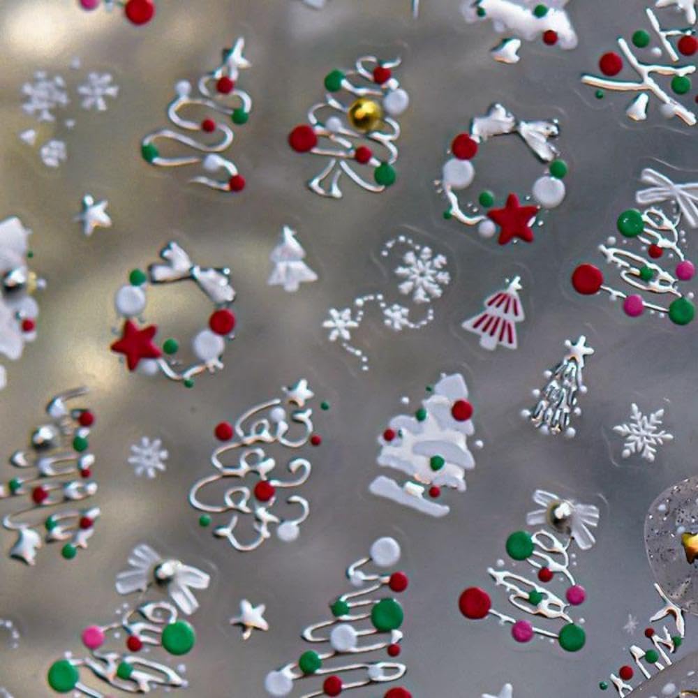Christmas Nail Stickers Xmas Tree Nail Art Stickers Silver Nail Decals for Nails Art 5D Embossed Self Adhesive Snowflake Nails Art Decals for Women Girls Manicure DIY Decoration Charms Accessories