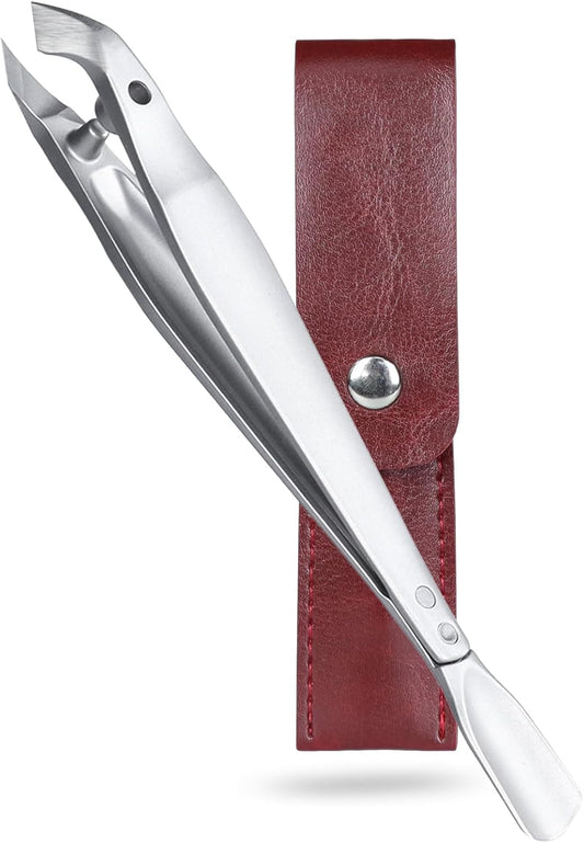 Tweezers-Style 2-in-1 Cuticle Trimmer & Pusher - Surgical-Grade Stainless Steel, Compact Portable Nail Tool with Leather Case for Precise Hangnail/Cuticle Care (Home, Travel, Salon)