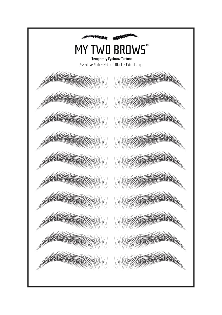 (10 pairs) Natural Black Temporary Eyebrow Tattoo - Extra Large Size - Waterproof & Smudgeproof - Assertive Arch Style Eyebrow Stickers - Sheet Lasts up to 30 Days - Won't Work on Existing Brows