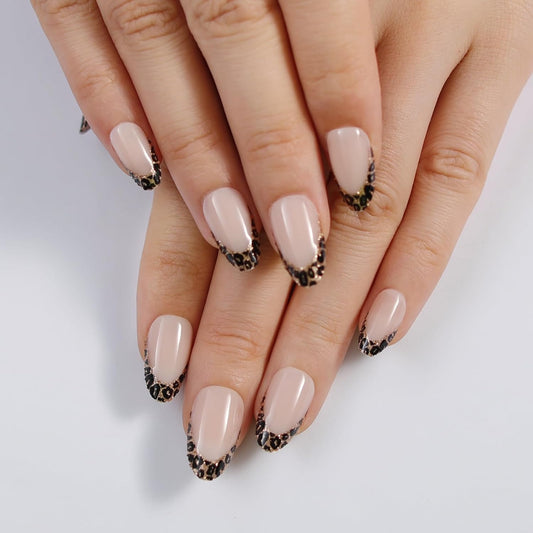 Nude Leopard French Tip Press On Nails Almond, Glossy Soft Gel Fake Nails with Nail Glue, 12 Sizes – 24PCS Thick Natural Reusable Glue On Nails for Women