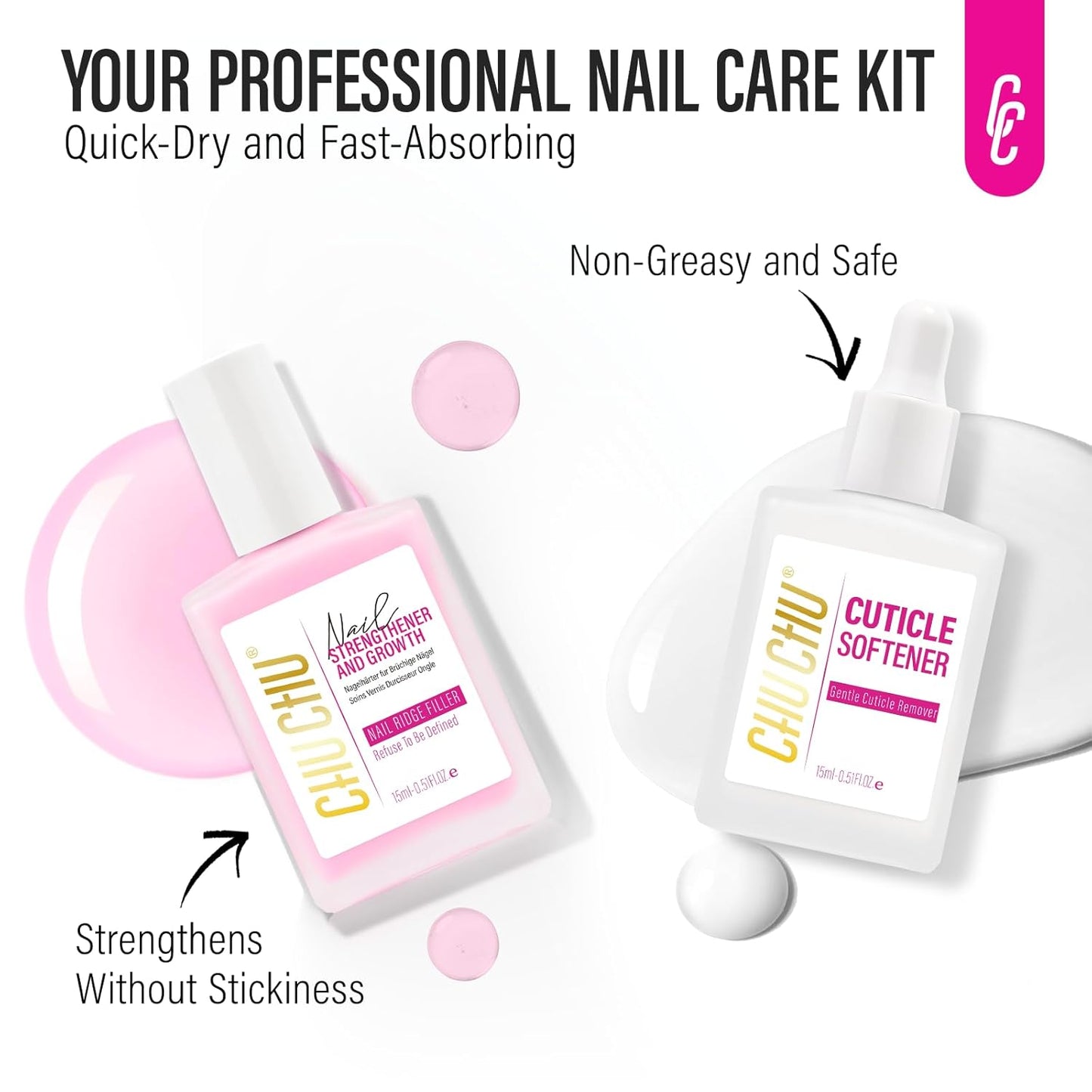 CHUCHU Nail Strengthener and Repair Kit: Pink Hardener and Growth & Cuticle Softener Set - Protein Ridge Filler Polish Quick Dry for Weak Peeling Brittle Splitting Nails - for Women Home Salon