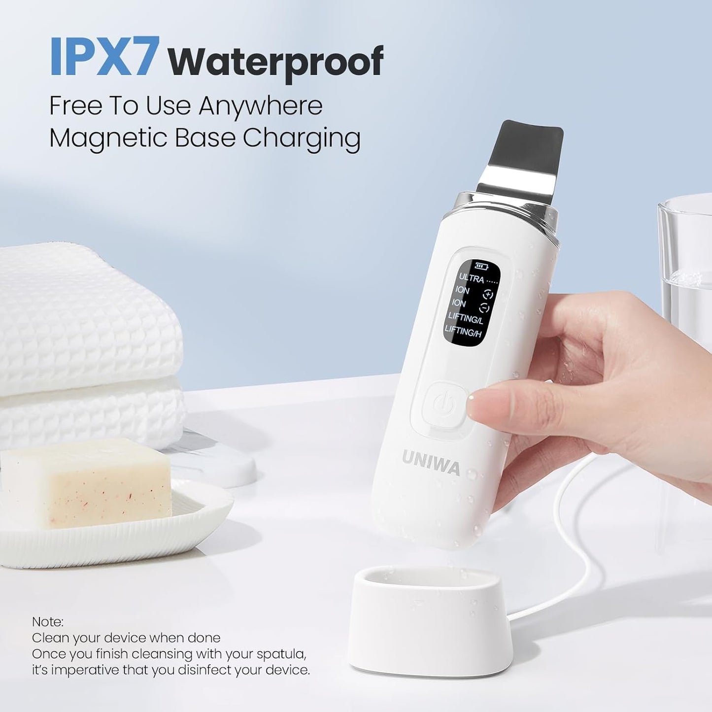 UNIWA Skin Scrubber Face Spatula, Skin Scrubber Pore Cleaner Blackhead Remover Tool for Deep Facial Cleansing - 4 Modes, Face Spatula with USB Charger, LCD Display, IPX7 Waterproof - White