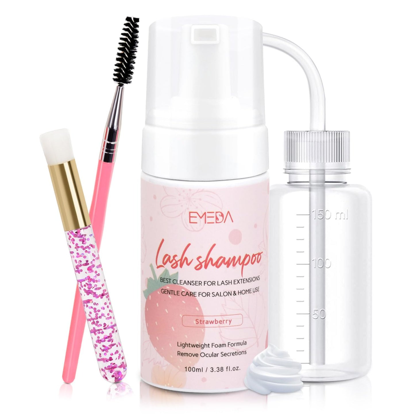 EMEDA Lash Shampoo Kit - 3.38 fl.oz / 100ml Gentle Foam Lash Cleanser, Oil-Free Cleaning for Wash Extension/Natural Eyelash Bath with Rinse Bottle Brush (Strawberries)