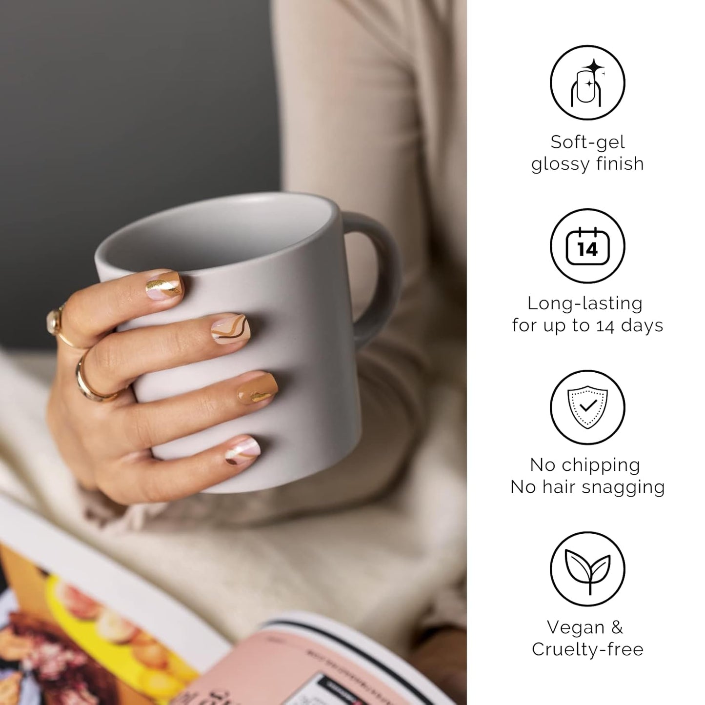 Nailog Semi Cured Gel Nail Strips 34 pcs| Long Lasting Nail Polish Sticker Wraps with Glossy Gel Finish, Maze