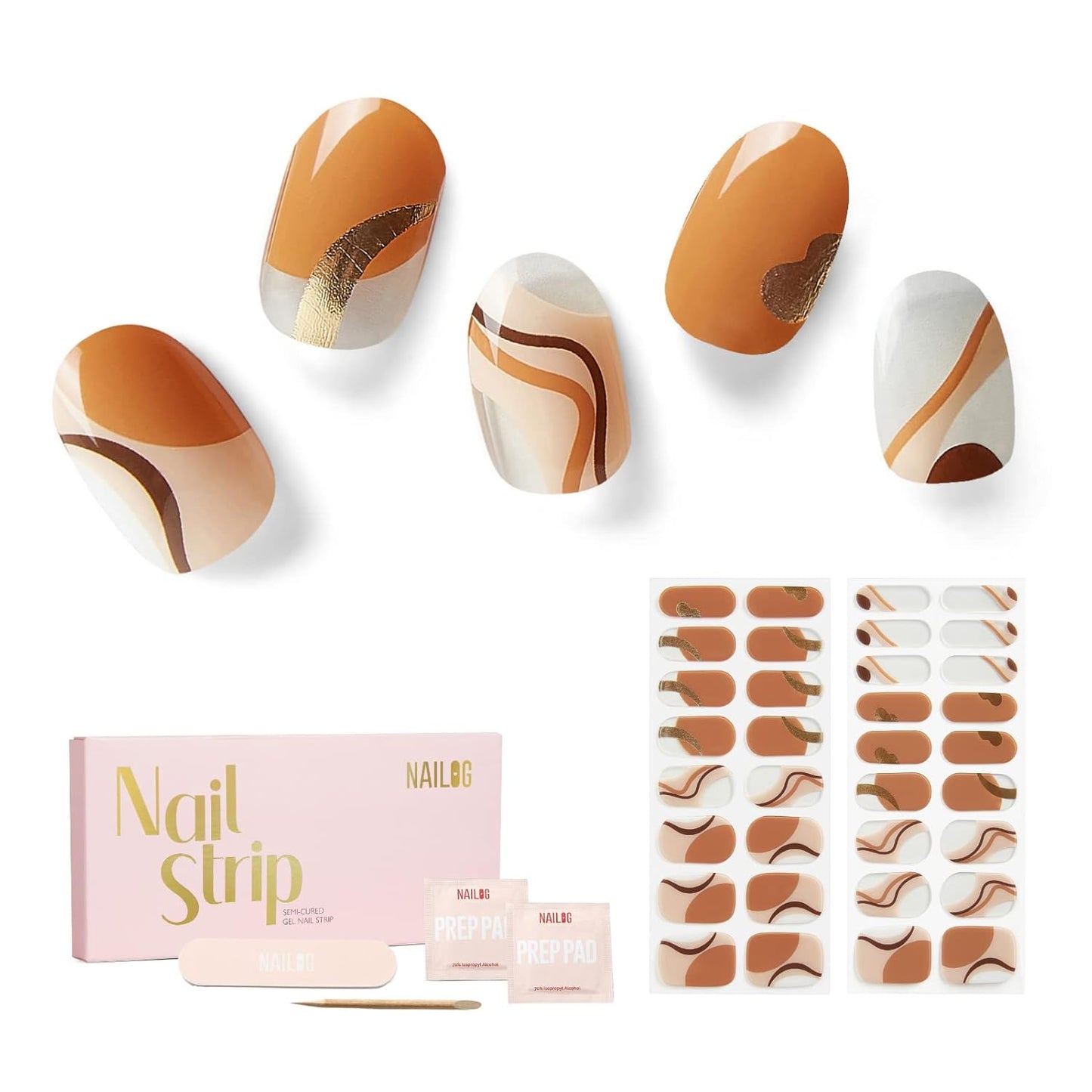 Nailog Semi Cured Gel Nail Strips 34 pcs| Long Lasting Nail Polish Sticker Wraps with Glossy Gel Finish, Maze