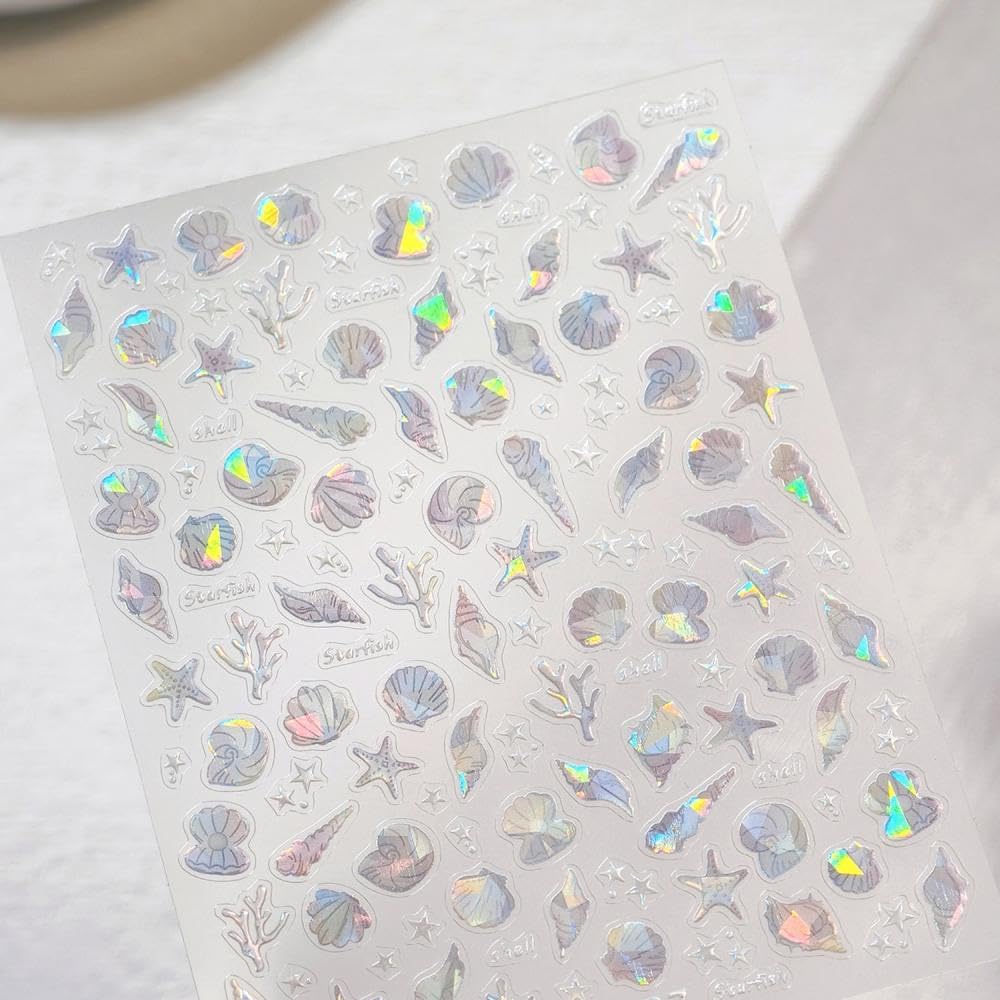 Laser Ocean Nail Stickers Gold Conch Nail Designs Self-Adhesive Silver Shell Nail Decals 5D Embossed Aurora Starfish Summer Sticker Manicure Accessories for Women Girls DIY Acrylic Nails 2 Sheets