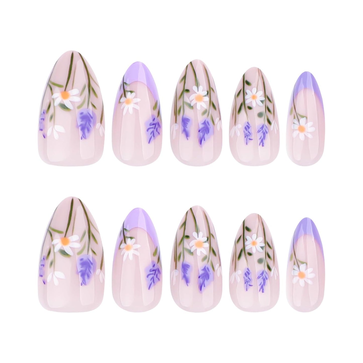 French Short Press On Nails Almond, Nude Fake Nails with Blue French Tip and Delicate Botanical Design, Glossy Gel Finish Acrylic Nails, Natural Reusable Glue On Nails Kit for Women, Serene Garden