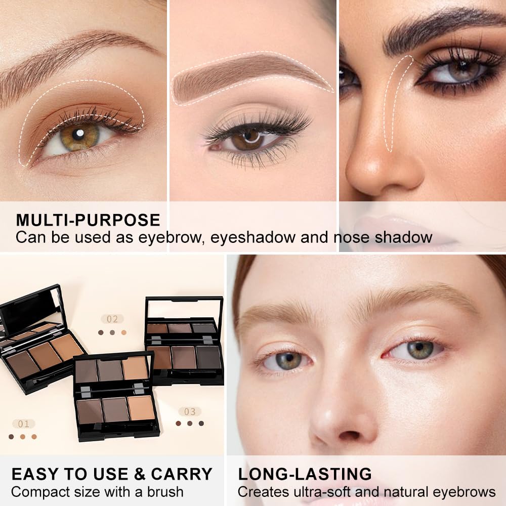 Eyebrow Powder Medium Brown Black Grey Kit,Eye Brow Powder for Women with Brow Brush,Long-Lasting Waterproof Three Colors Brow Filler Get Full Defined Natural Brows,Brown Eyebrow Powder Makeup