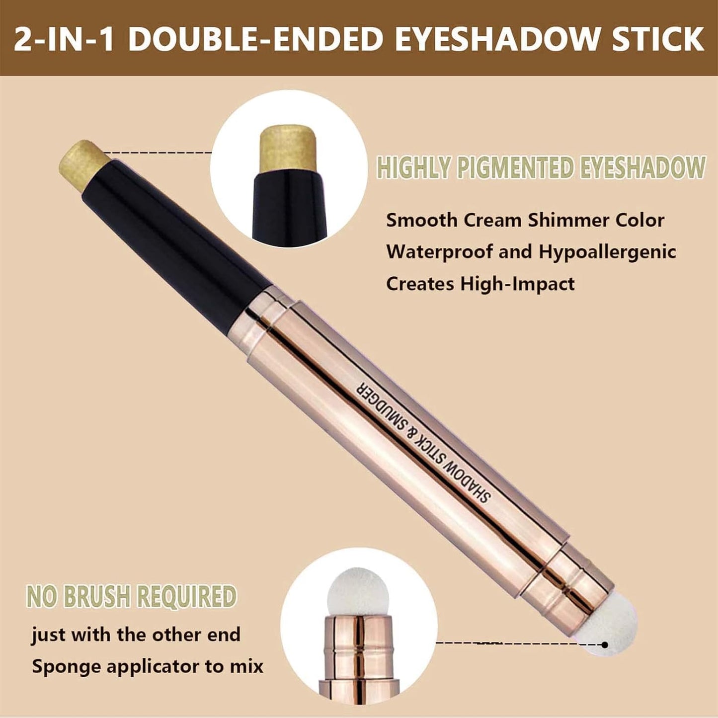 Gold Eyeshadow Stick and Sponge Makeup Brush, 2 in1Smooth Cream Eyeshadow (24k Gold Shimme #14)