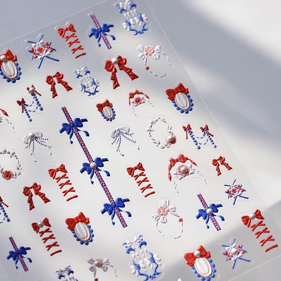 5D Embossed Bows Nail Stickers, Pearl Nail Art Sticker Self-Adhesive Nail Decals for Women Red and Blue Nail Supplies Art Design Stickers (1, Red and Blue)
