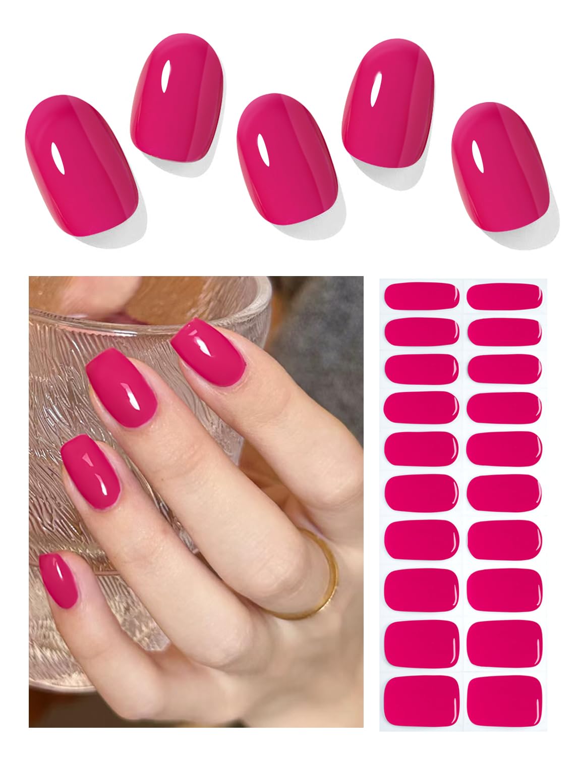 Semi Cured Gel Nail Strips, 20pcs Berry Pink Gel Nail Stickers Work with UV, Easy to Use and Remove