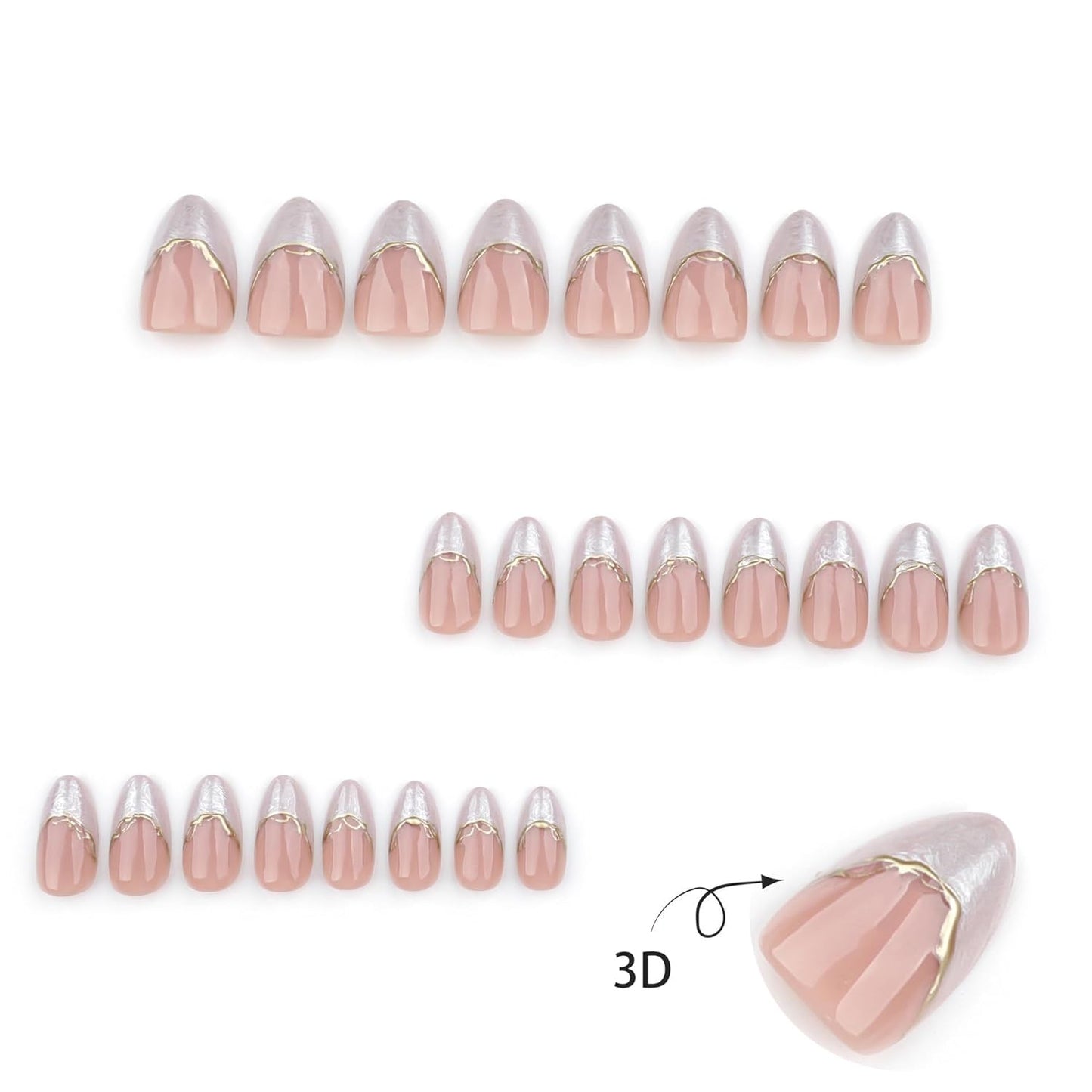 French Short Press On Nails Almond, Nude Fake Nails with Cloudy White French Tip and 3D Gold Line Design, Glossy Gel Finish Acrylic Nails, Natural Reusable Glue On Nails Kit for Women, Gilded Cloud
