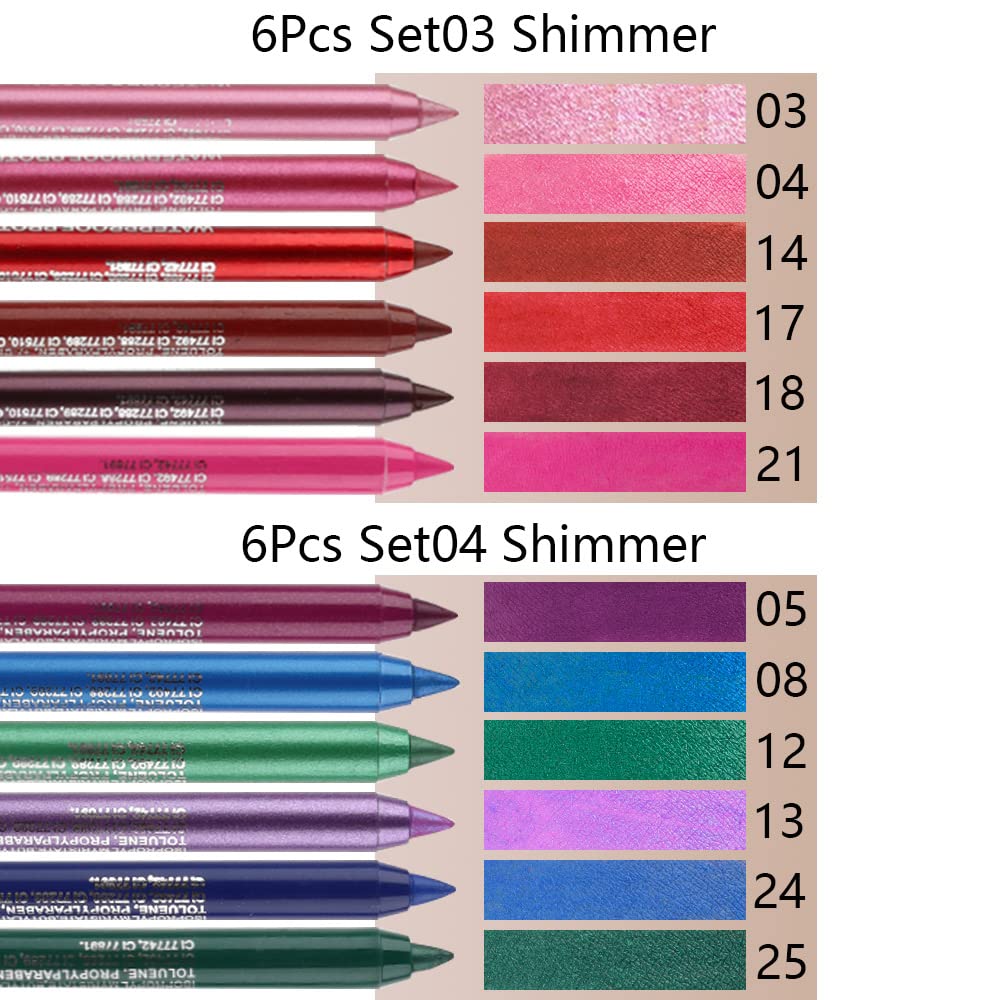 Kaely 6Pcs Glitter Gel Eyeliner Pencil Set for Women, Color Eye Liner Waterproof Smudge Proof with Sharpener, High Pigmented Eye Makeup Liners, lapiz de ojos delineador de ojos contra el agua, 03