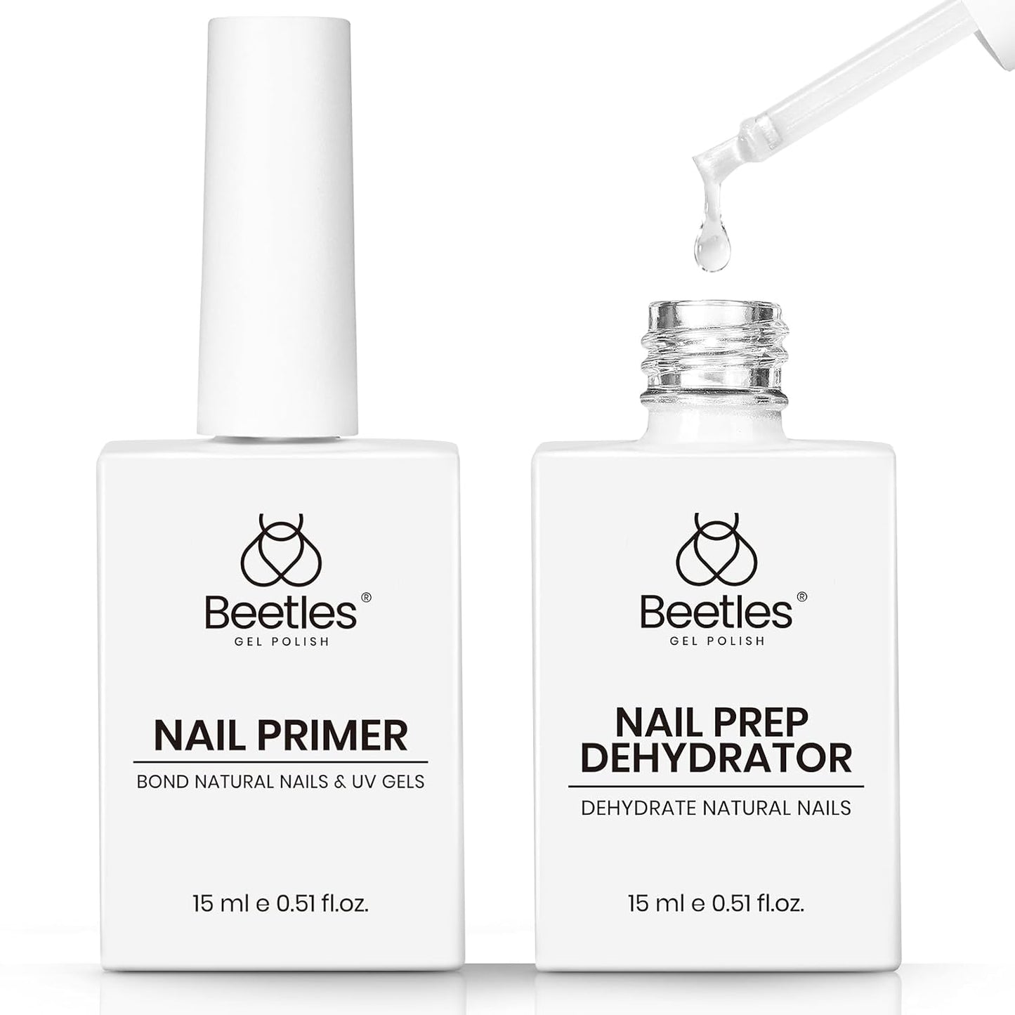 Beetles Nail Dehydrator and Primer - Acid-Free & Hema-Free 2Pcs 15ml Nail Bonding Agent for Gel Polish and Acrylic Nails, Long-Lasting No-Lift Prep for Salon & DIY Manicures