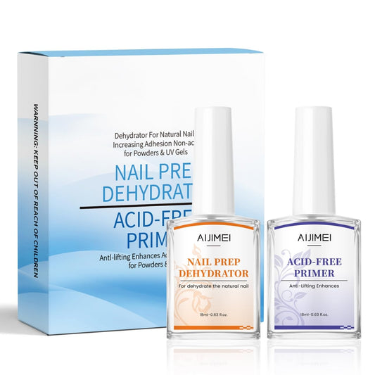 AIJIMEI Professional Natural Nail Polish Dehydration and Acid Free Primer for Acrylic Acid and Gel Nail Polish, Quick Drying Advanced Adhesive Set（18ml/0.63fl.oz)