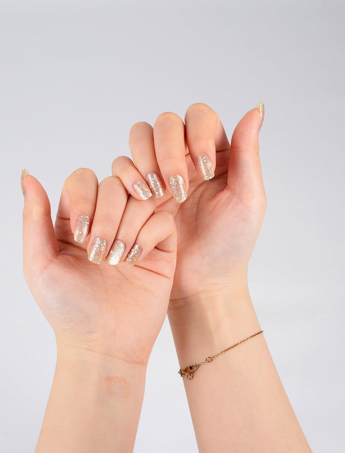 UV-Free Self-Adhesive Nail Art Design Stickers with Nail Files, 48 Pcs Stick on Semi Cured Gel Nail Polish Strips Wraps for Women (Gold)(Gold)