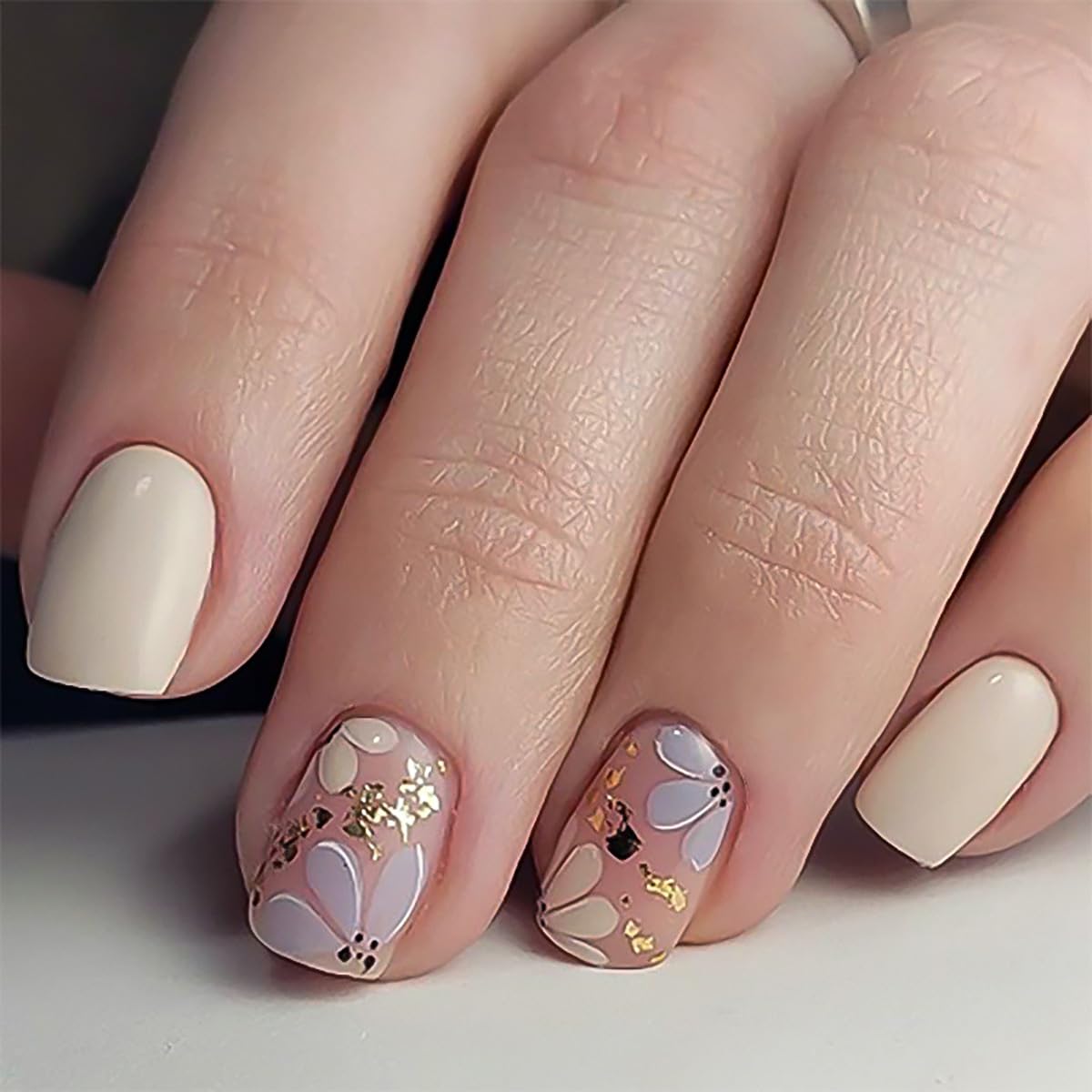 Summer Press on Nails Short Square, Beige Fake Nails with Cute Blossom and Featuring Delicate Gold-Foil Designs, Glossy Finish Acrylic Nails, Natural Reusable Glue on Nails Kit for Women, 24Pcs