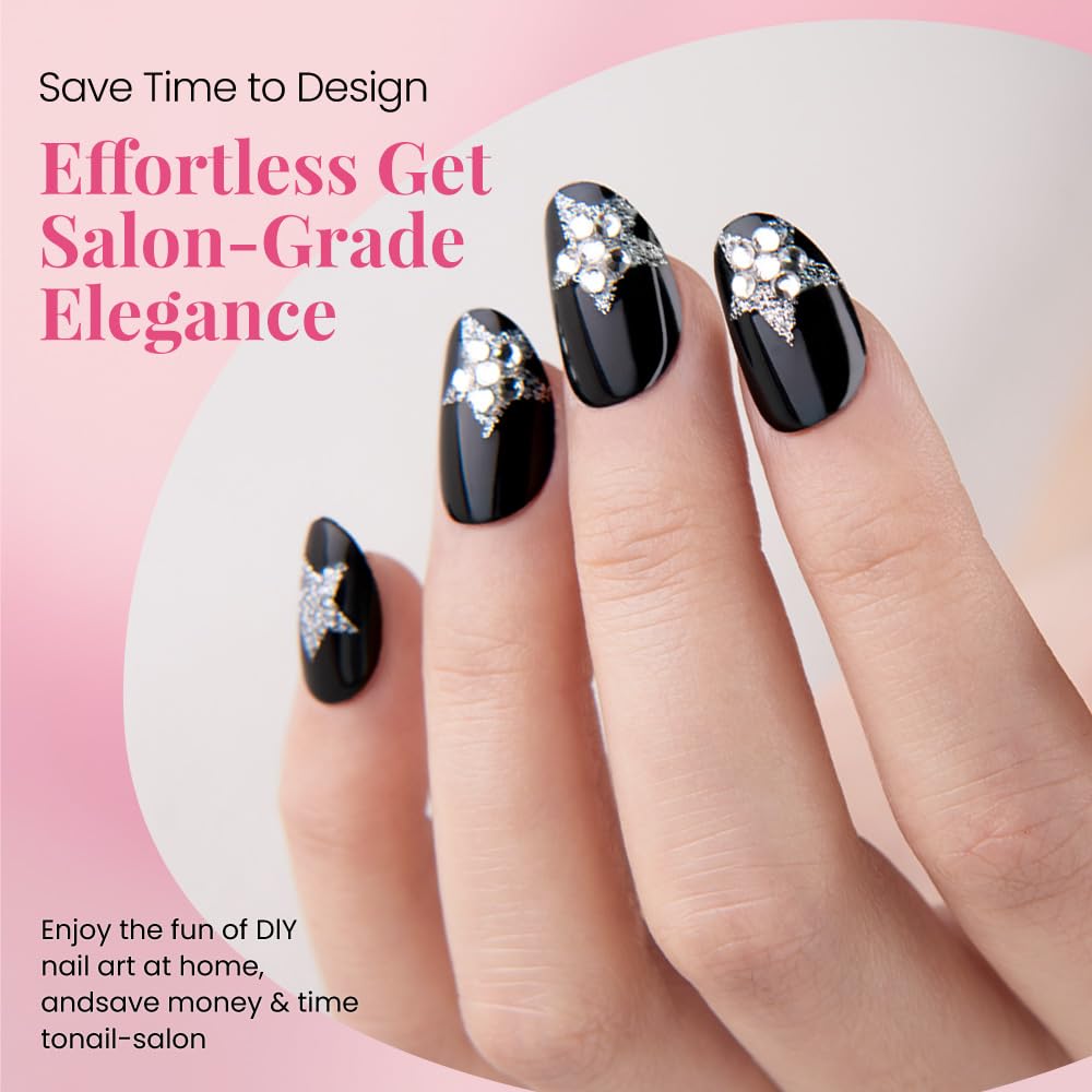 Press on Nails Short Oval, Black Fake Nails Kit with 3D Sparkling Pentagram & Mixed Cat Eye Design, Natural Stick on Nails, Glossy Acrylic Short Press on Nails Thick Reusable Glue on Nail for Women