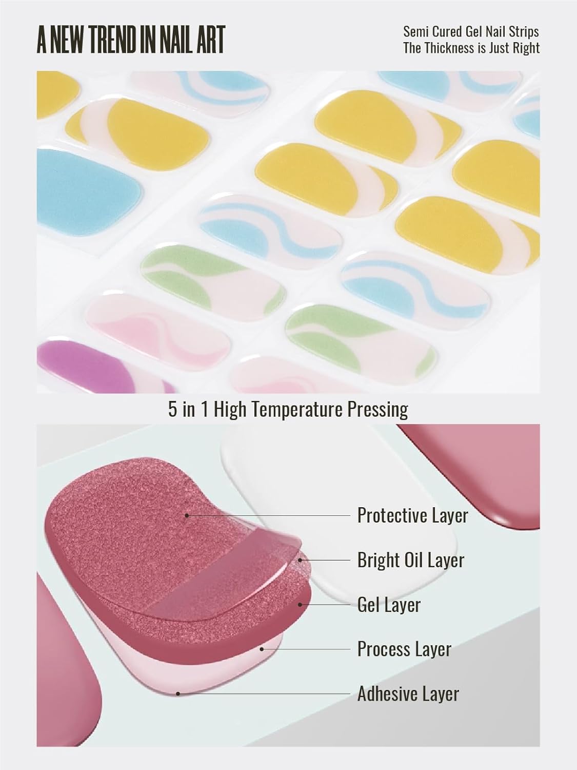 Semi Cured Gel Nail Strips, 30 pcs Gel Nail Stikers, Gel Nail Wraps Semi Cured, Salon-Quality, 2 Weeks Long Lasting