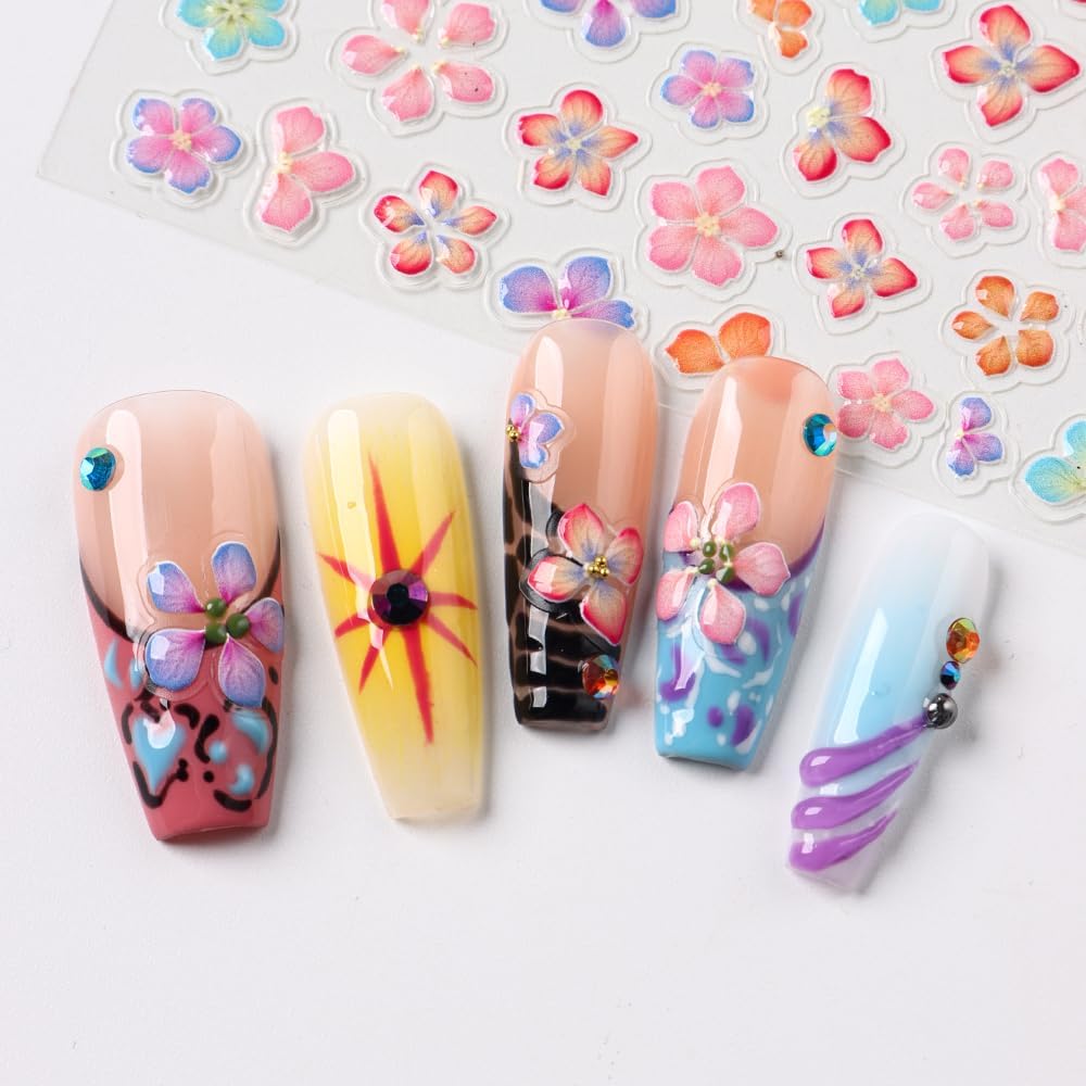 Stickers para Uñas Nail Stickers Self-Adhesive Sticker Gold Pink 3D Flower Embossed Calcomanías para Uñas Colorful Floral Art Design Accessories Hight Quality 3 Sheets