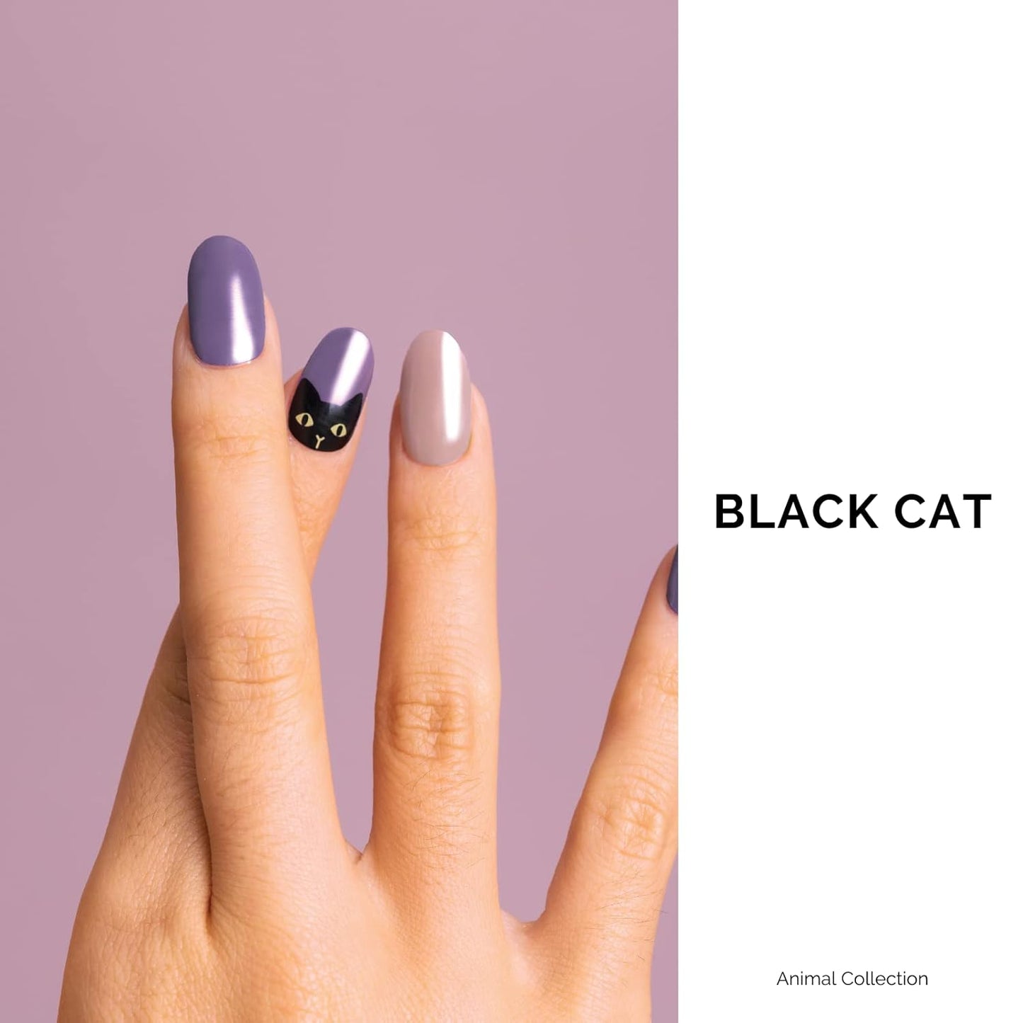 Nailog Semi Cured Gel Nail Strips 34 pcs | Long Lasting Nail Polish Sticker Wraps with Glossy Gel Finish (Black Cat)