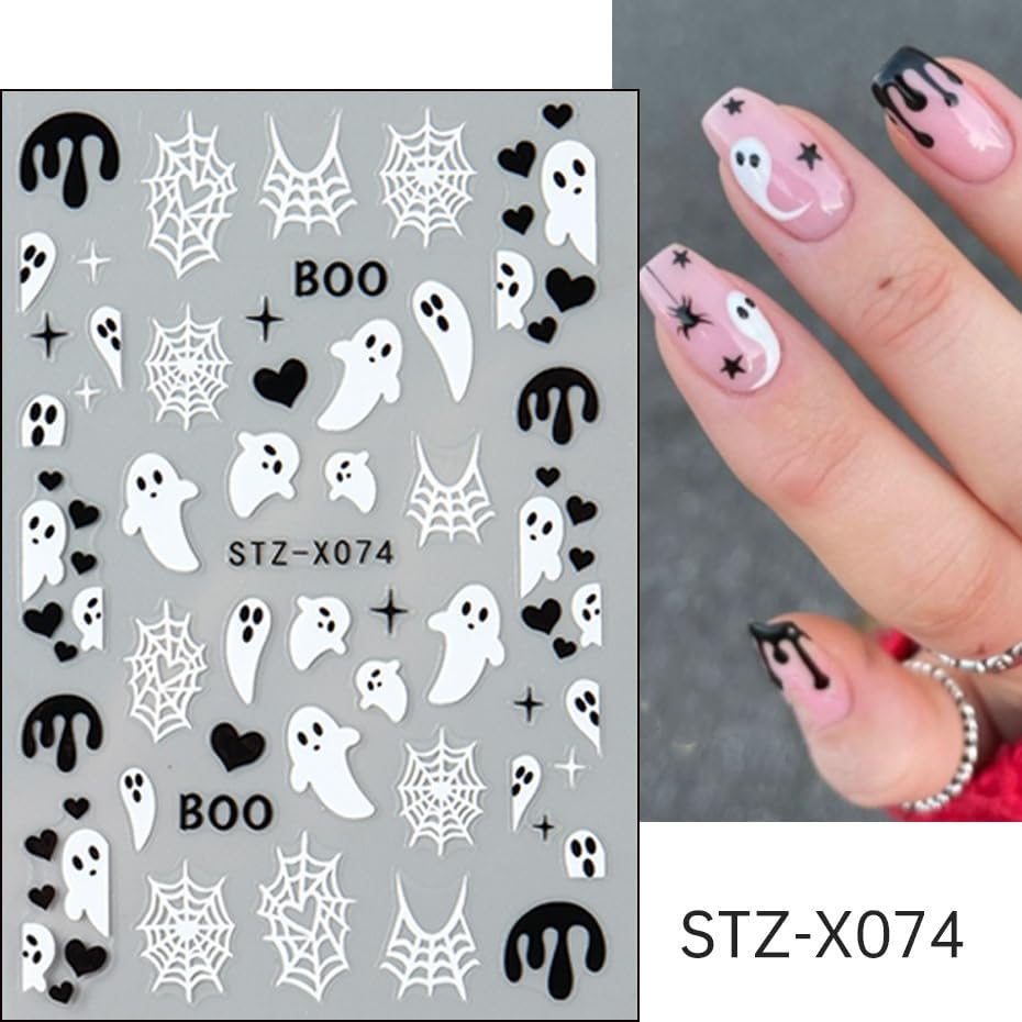 Halloween Nails Stickers Black Bat Nails Sticker 3D Embossed White Ghost Web Self Adhesive Sticker Nail Decals Black White Nail Art Decals Halloween Decals for Nail DIY Manicure 4Sheet