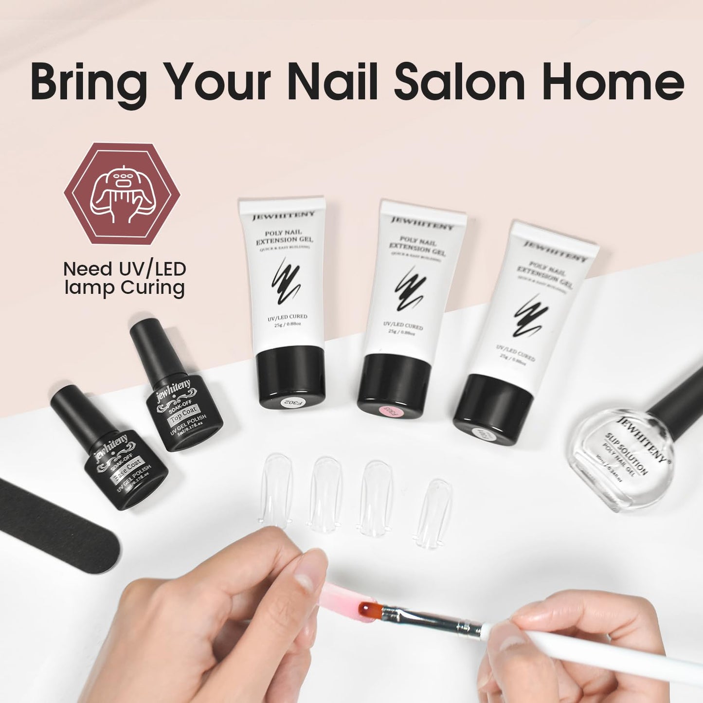 JEWHITENY Poly Extension Gel Nail Set Clear Pink Poly Nail Gel With Slip Solution Base Coat Top Coat French Manicure Need U V Lamp Curing for Finger Art and Home DIY