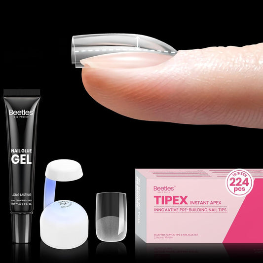 Beetles Tipex Gel Nail Kit Extra Short Square: 16 Sizes Instant Apex Nail Tips, 224 Pcs Pre-Building False Nail Tips with Tipex Nail Glue, Mini Nail Lamp-Thick Acrylic Nail Set