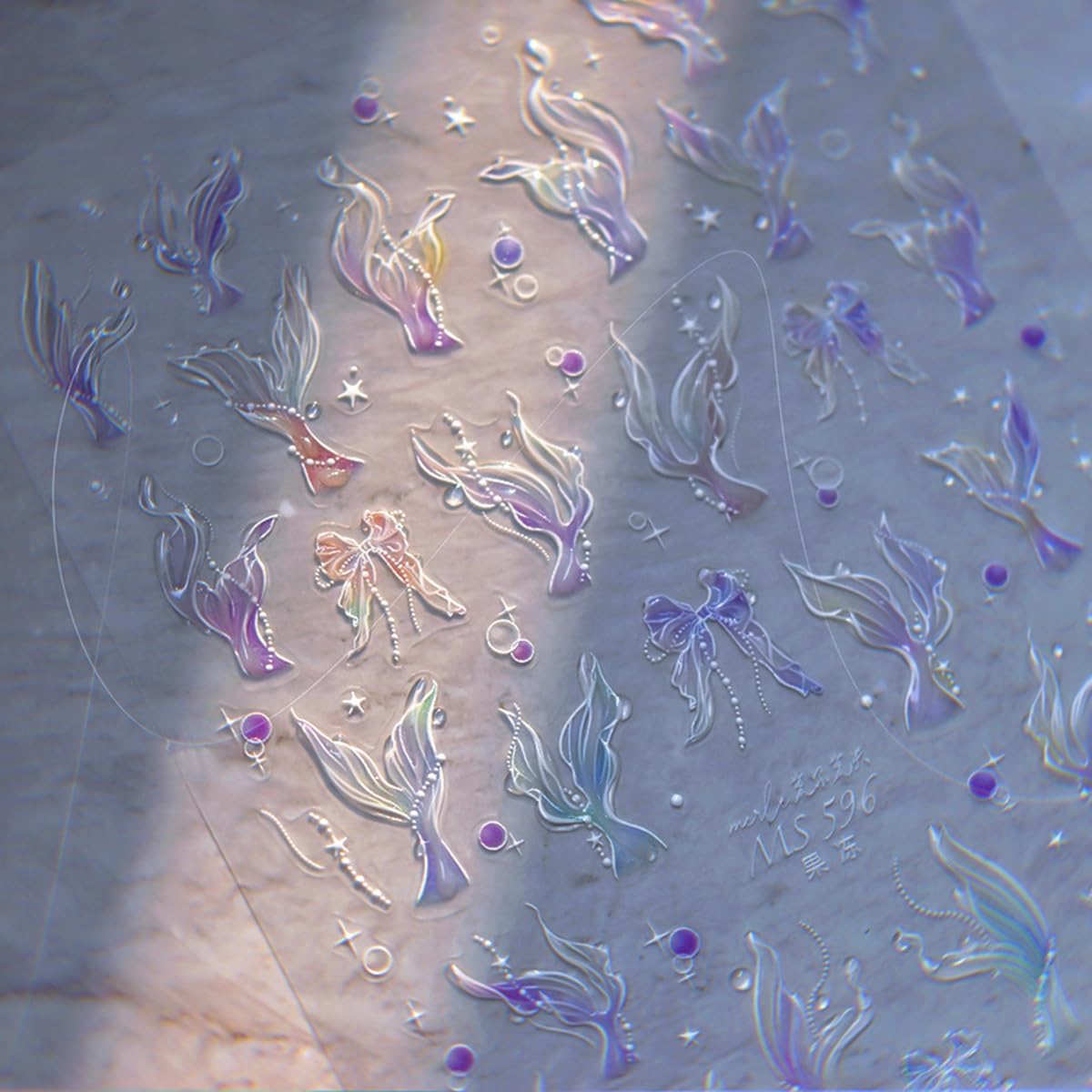 Mermaid Nail Art Stickers Sparkly Fishtail Nail Stickers 5D Embossed Shell Light Style Nail Decals Accessories Mermaid Adhesive Slider Manicure Supplies for Women DIY Decorations