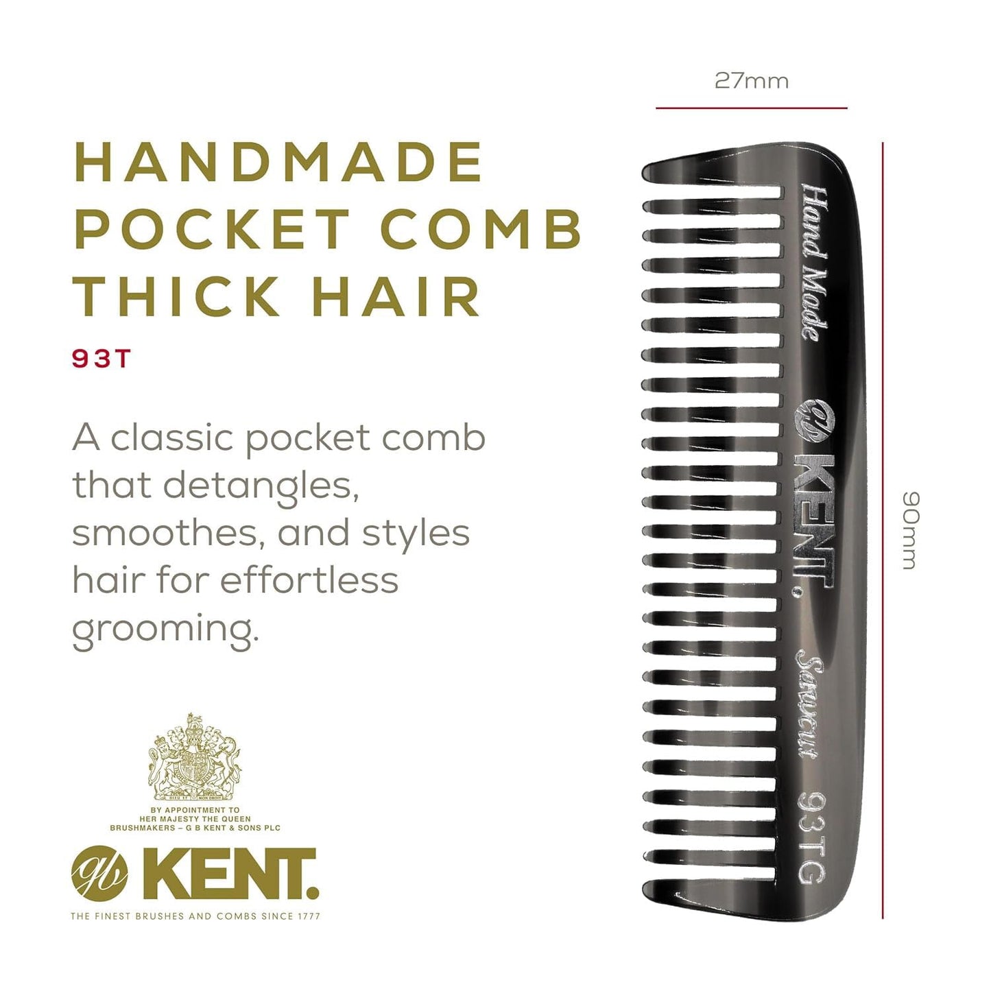 Kent 93T Black Graphite Beard Comb for Men - Wide Tooth Men's Comb, Ideal For Mustaches and Beards and Facial Hair, Small Pocket Sized Travel Detangler Combs, Saw-Cut, Hand Polished, Made in England