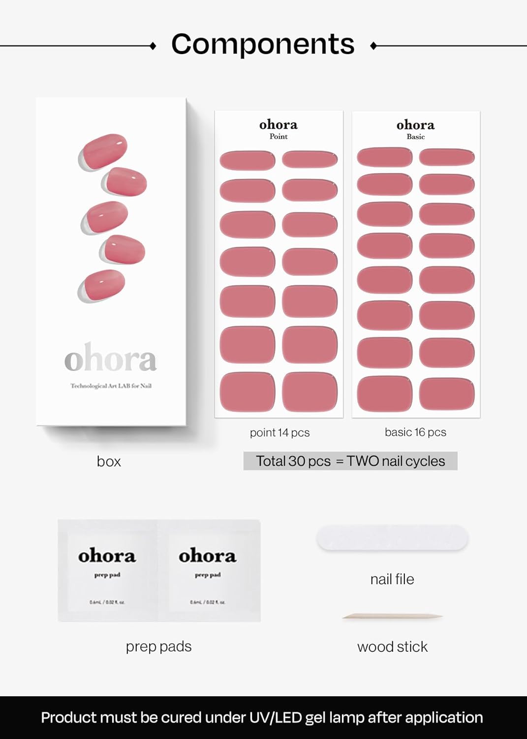 ohora Semi Cured Gel Nail Strips (N Juliet) - Pink, Solid, Works with Any UV/LED Lamps, Salon-Quality, Long Lasting, Easy to Apply & Remove - Includes 2 Prep Pads, Nail File & Wooden Stick