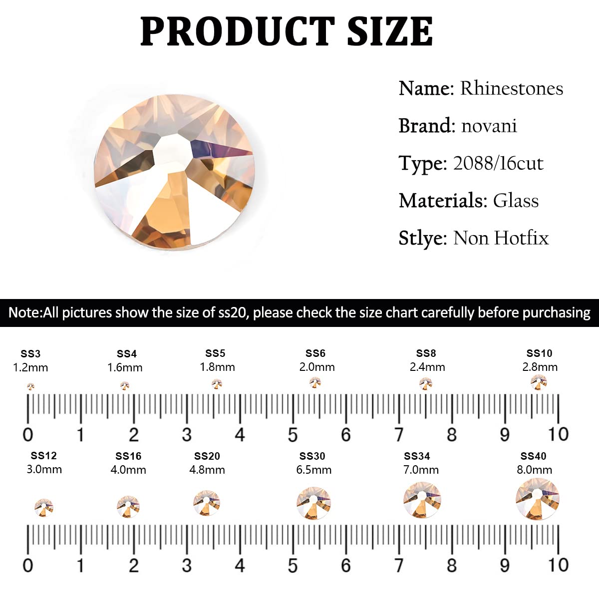 Novani Golden Shadow Rhinestones 1440pcs Flat Back Round Rhinestone Style 2088 Sparkly Crystal Gemstones for Nail Art and Crafting SS20,4.6-4.8mm